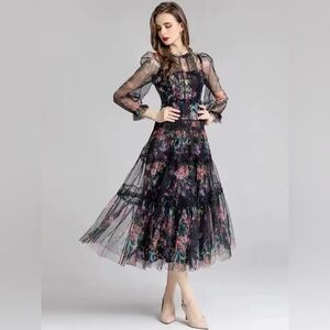 Beulah Black and Pink Floral Lace Blouse